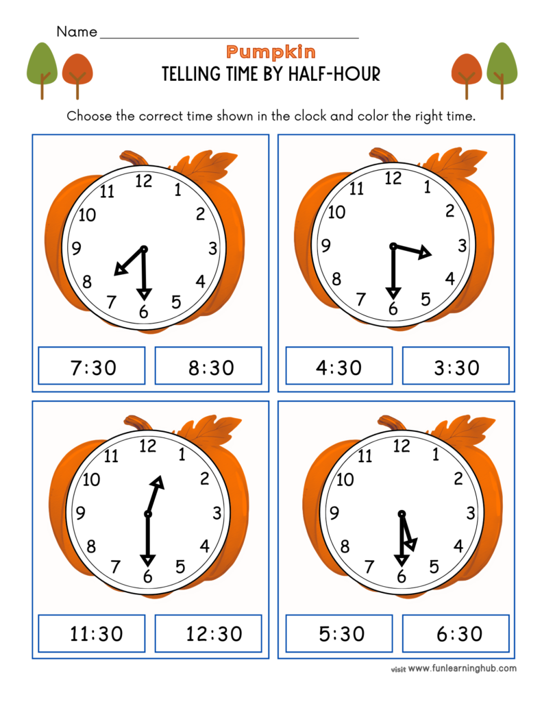 Free Pumpkin Worksheets for Parents, Teachers, and Homeschoolers 29 pumpkin telling time by half-hour worksheets