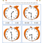 pumpkin telling time by half-hour worksheets