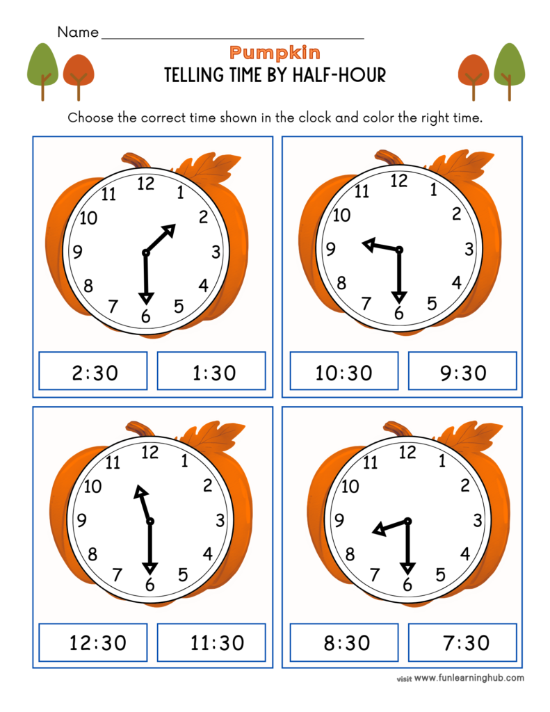 Free Pumpkin Worksheets for Parents, Teachers, and Homeschoolers 30 pumpkin telling time by half-hour worksheets