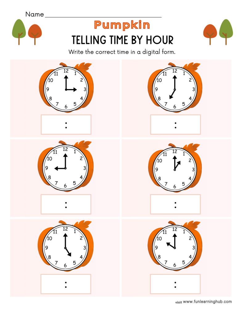 Free Pumpkin Worksheets for Parents, Teachers, and Homeschoolers 22 pumpkin telling time by hour worksheets