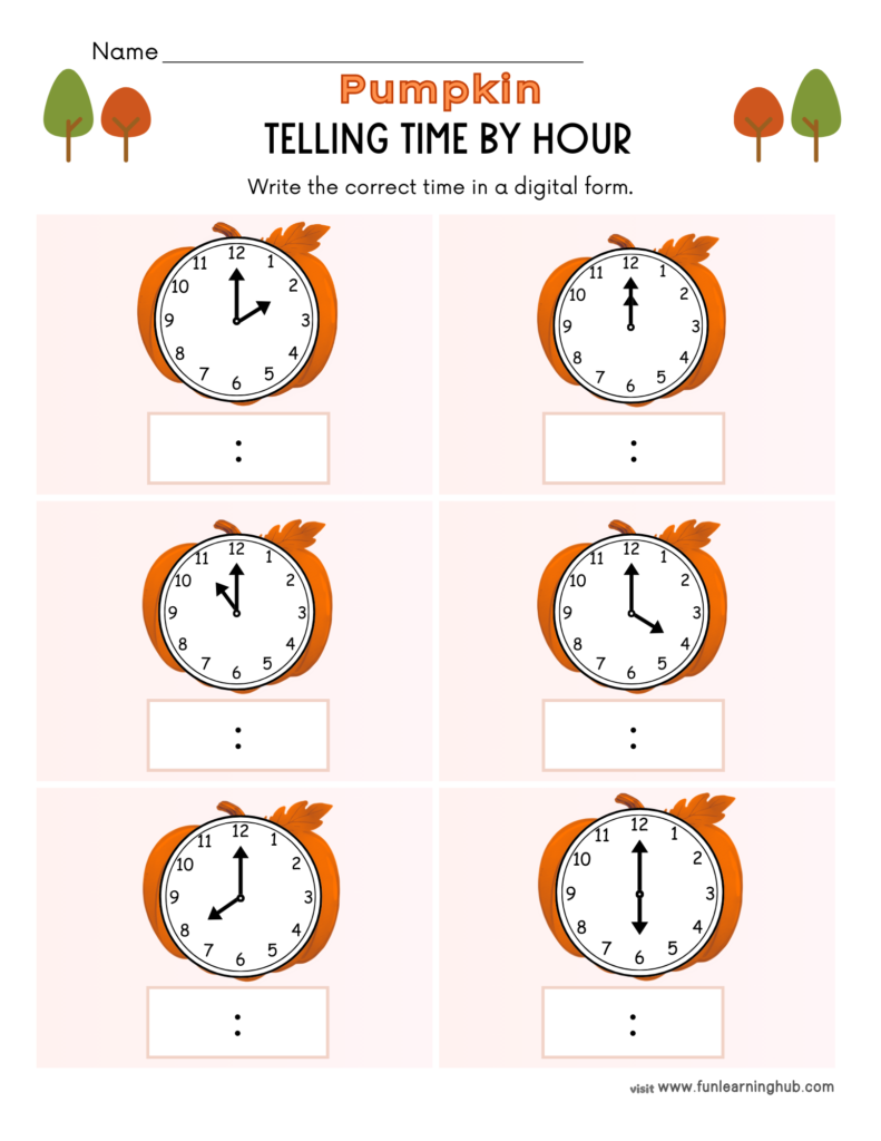 Free Pumpkin Worksheets for Parents, Teachers, and Homeschoolers 23 pumpkin telling time by hour worksheets
