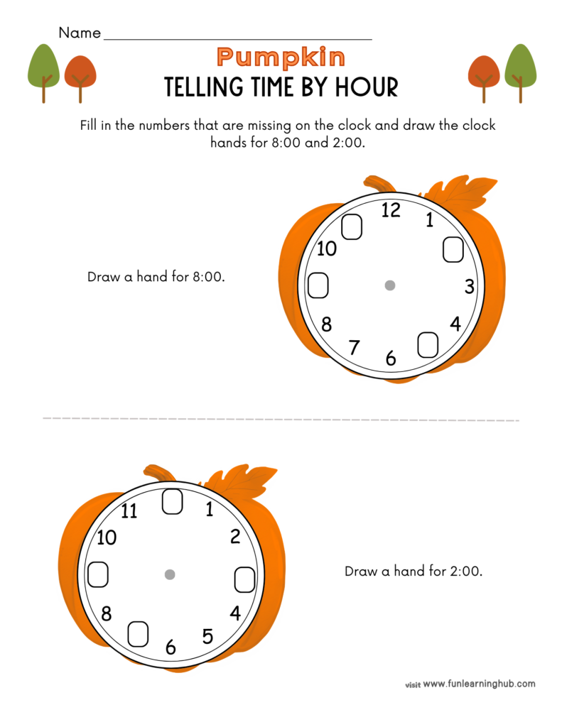 Free Pumpkin Worksheets for Parents, Teachers, and Homeschoolers 24 pumpkin telling time by hour worksheets