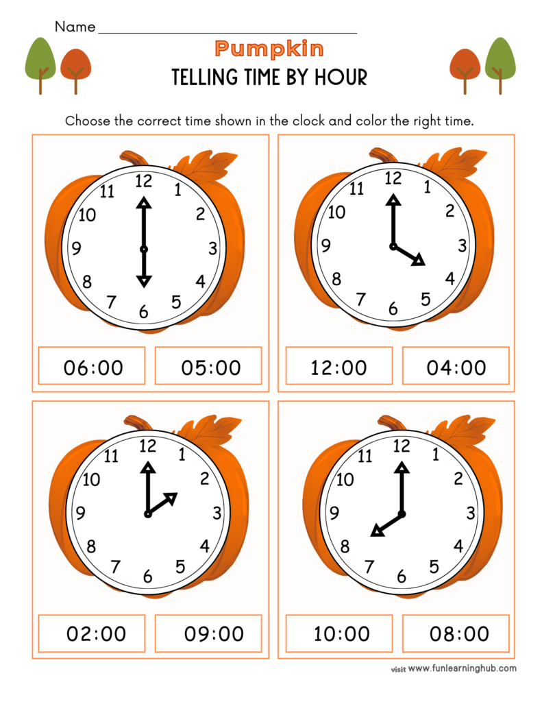 Free Pumpkin Worksheets for Parents, Teachers, and Homeschoolers 26 pumpkin telling time by hour worksheets