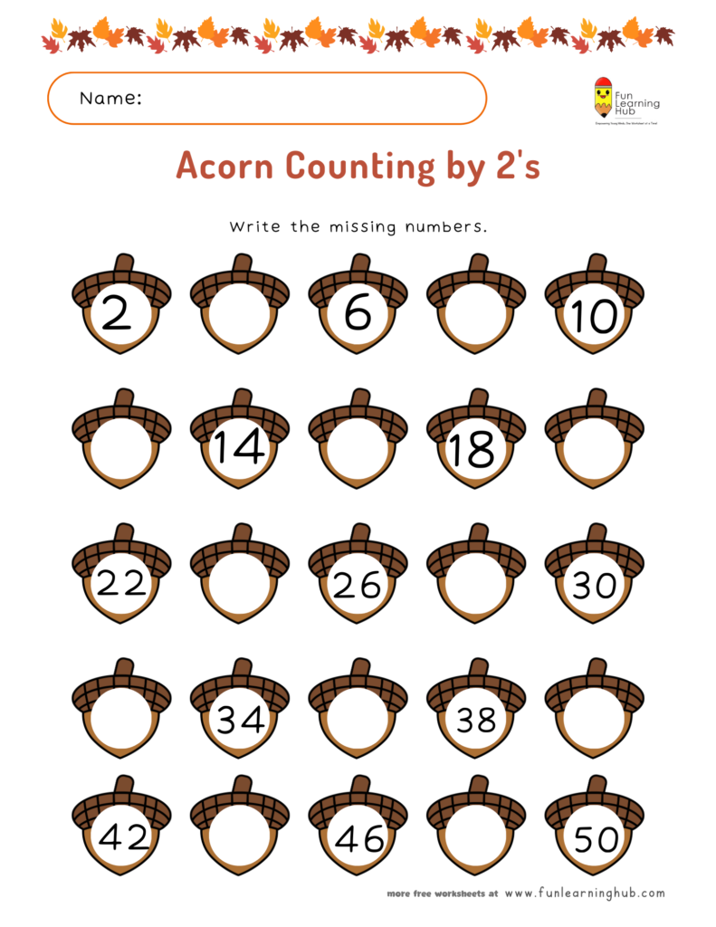 Acorn Skip Counting by 2s Worksheet
