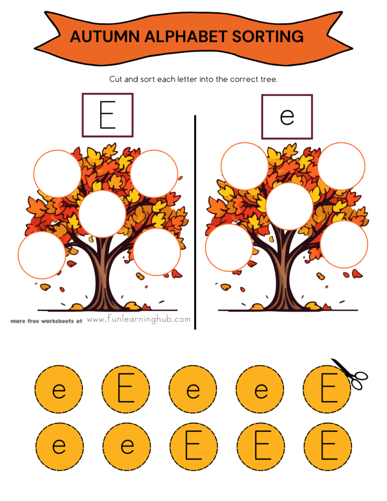 Autumn Letter E Sorting Worksheet