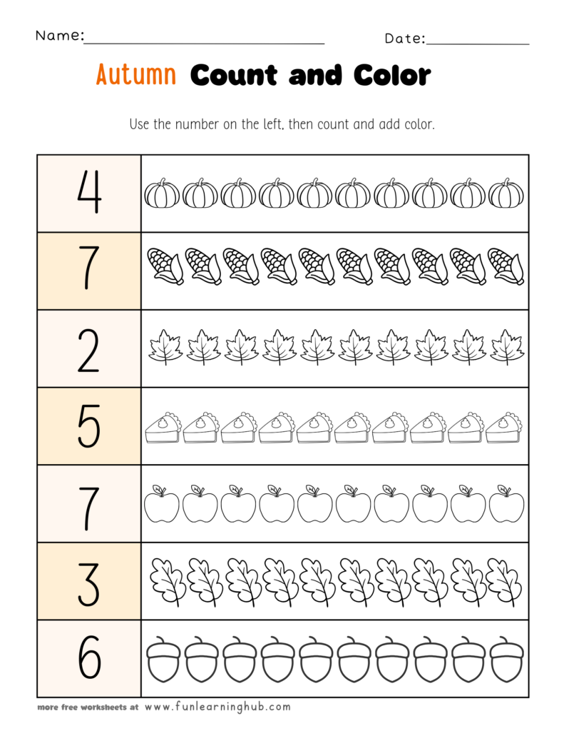 Autumn Count and Color Worksheet 2