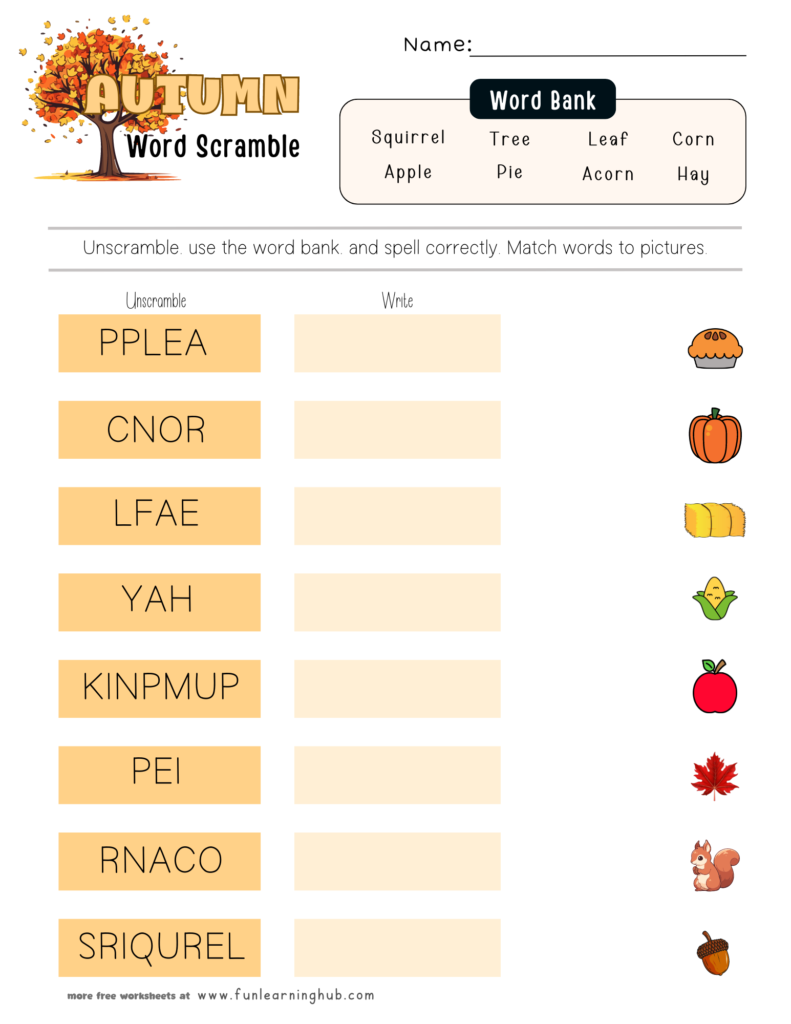 Autumn Word Scramble Worksheet