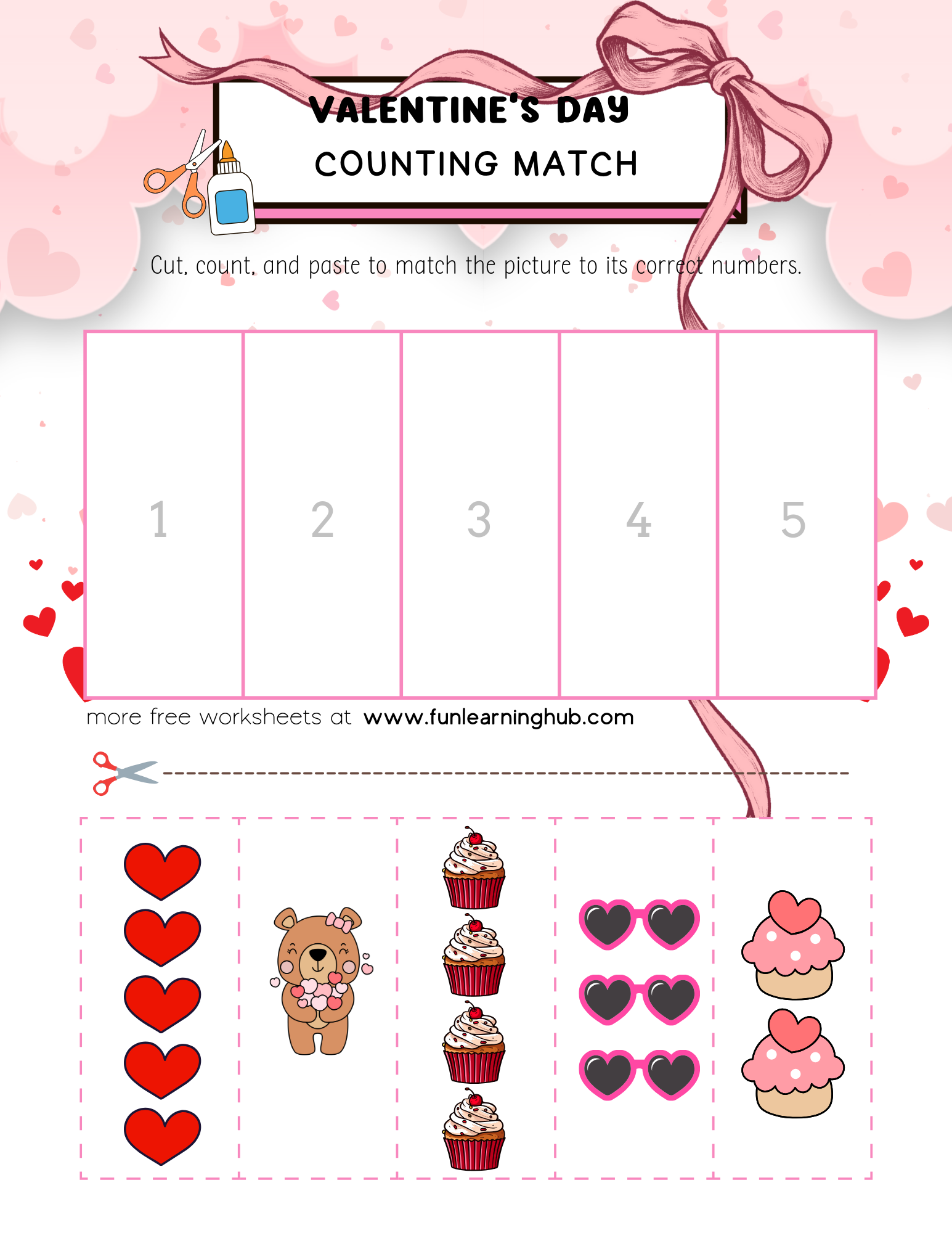 Valentine's Day Cut and Paste Counting Match Worksheets
