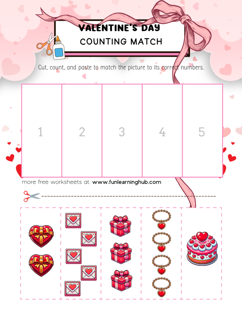 Download free worksheets for kids 3 Valentine’s Day Counting Match Worksheet V4