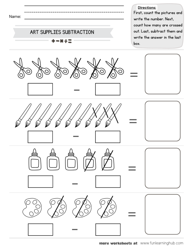 Art Supplies Subtraction Worksheet