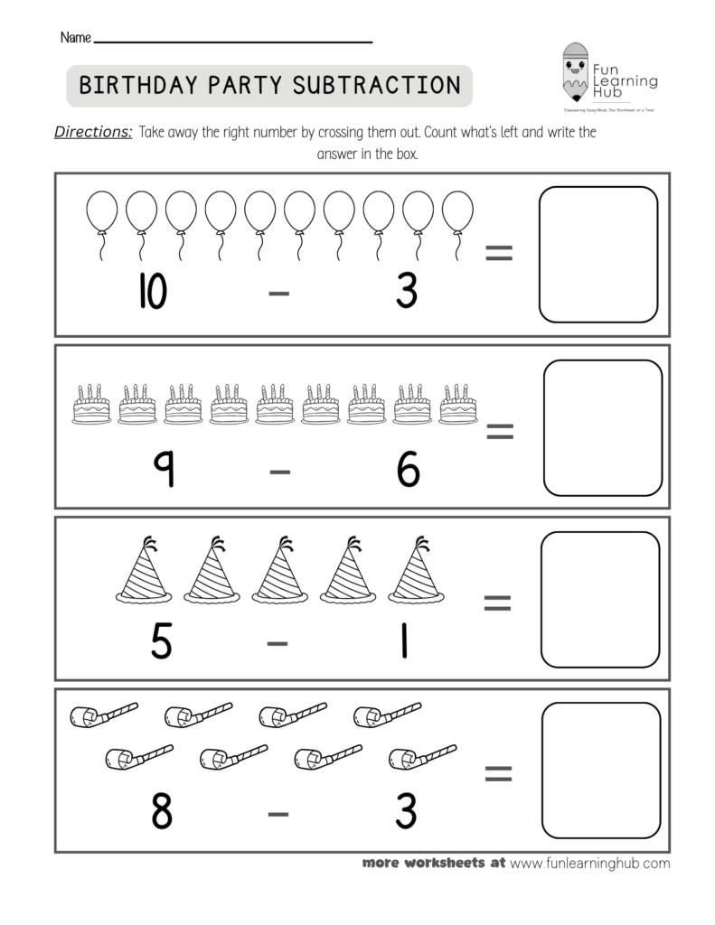 Birthday Party Subtraction Worksheet