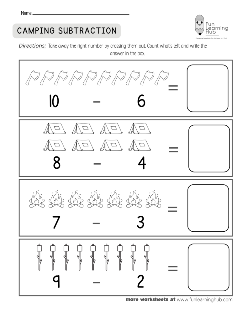 Camping Subtraction Worksheet