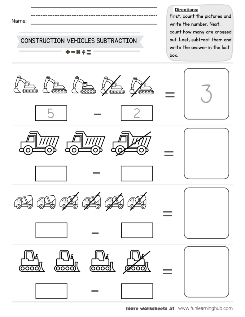 Construction Vehicles Subtraction Worksheet