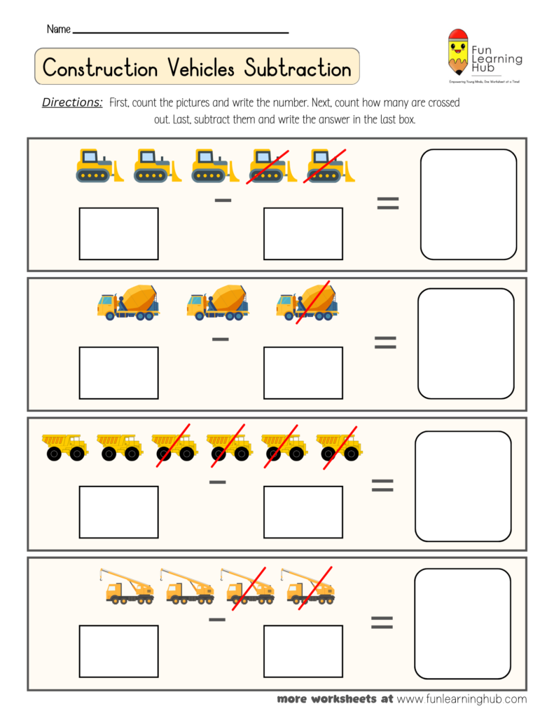 Construction Vehicles Subtraction Worksheet