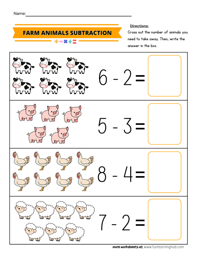 Farm Animas Subtraction Worksheets