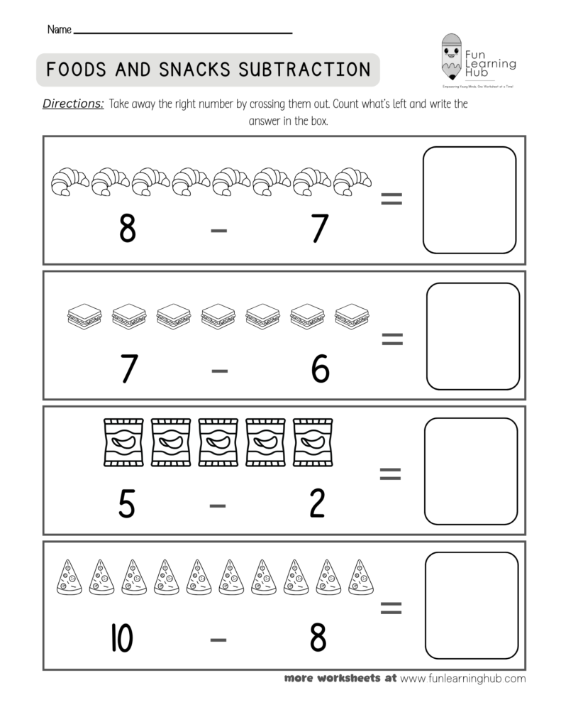 Food and Snacks Subtraction Worksheet