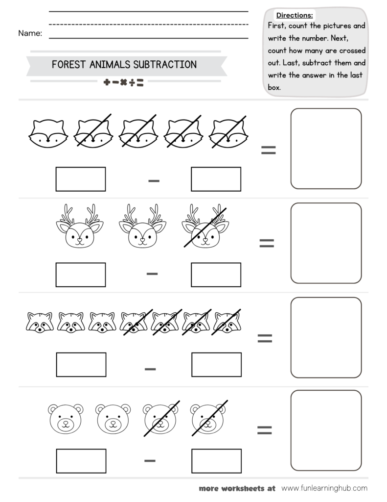 Forest Animals Subtraction Worksheet