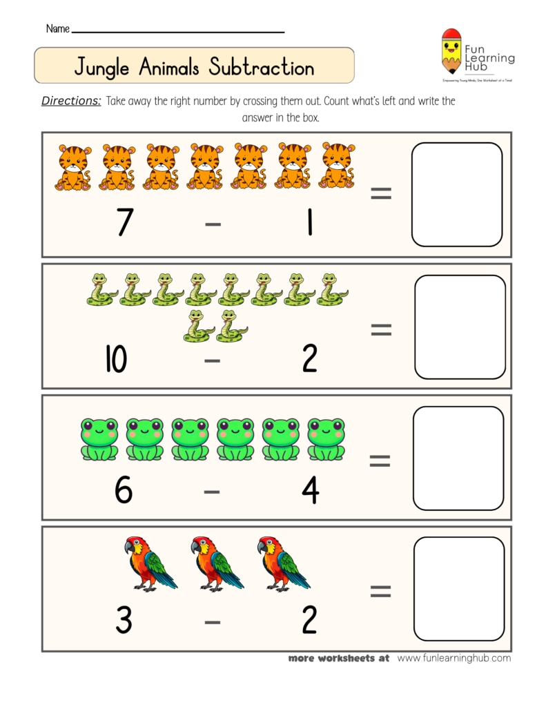 Jungle Animals Subtraction Worksheet