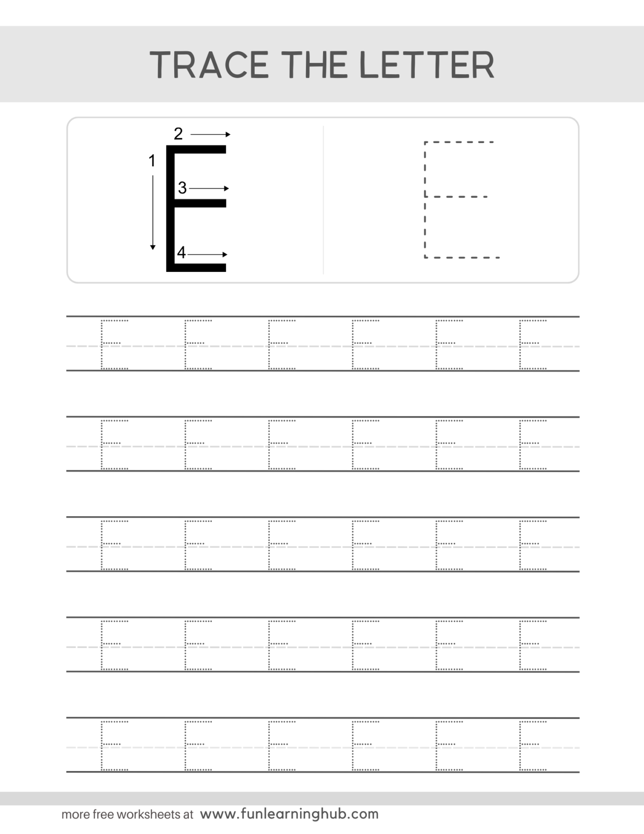 Letter E Tracing Worksheet – Free Uppercase Printable - Fun Learning Hub
