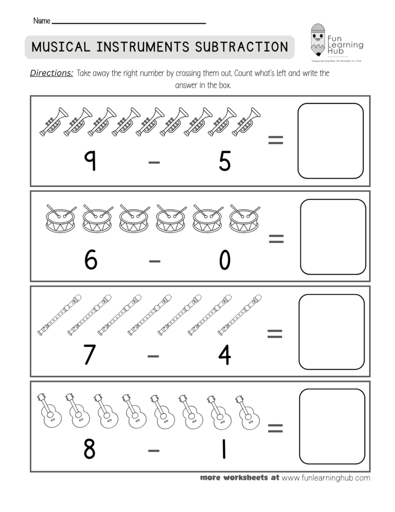 Musical Instrument Subtraction Worksheet