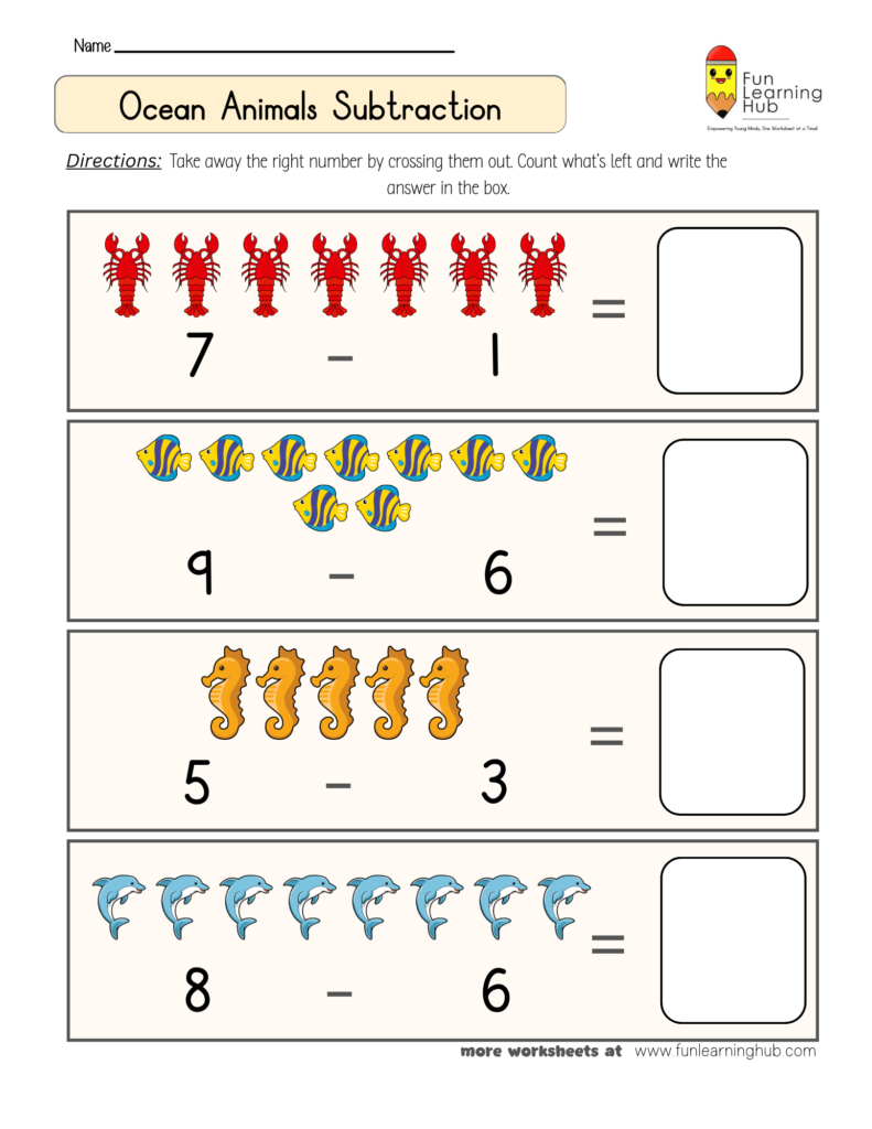 Ocean Animals Subtraction Worksheet