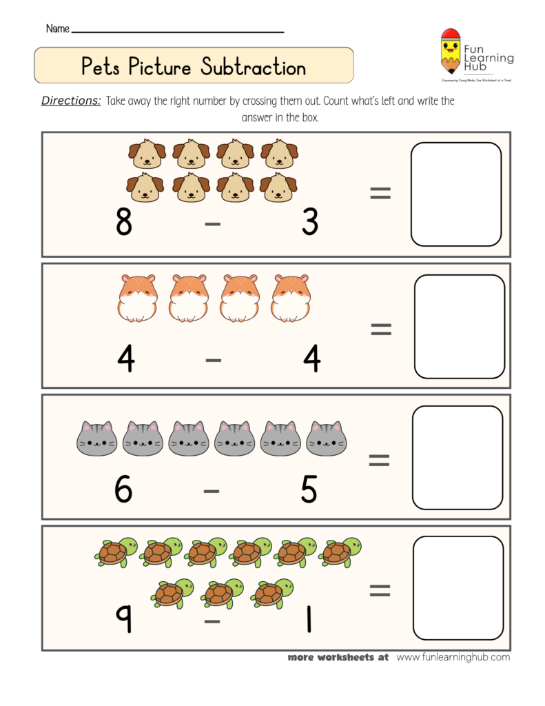 Pets Subtraction Worksheet