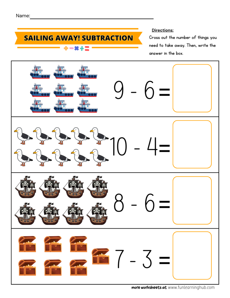 Sailing Away Subtraction Worksheet