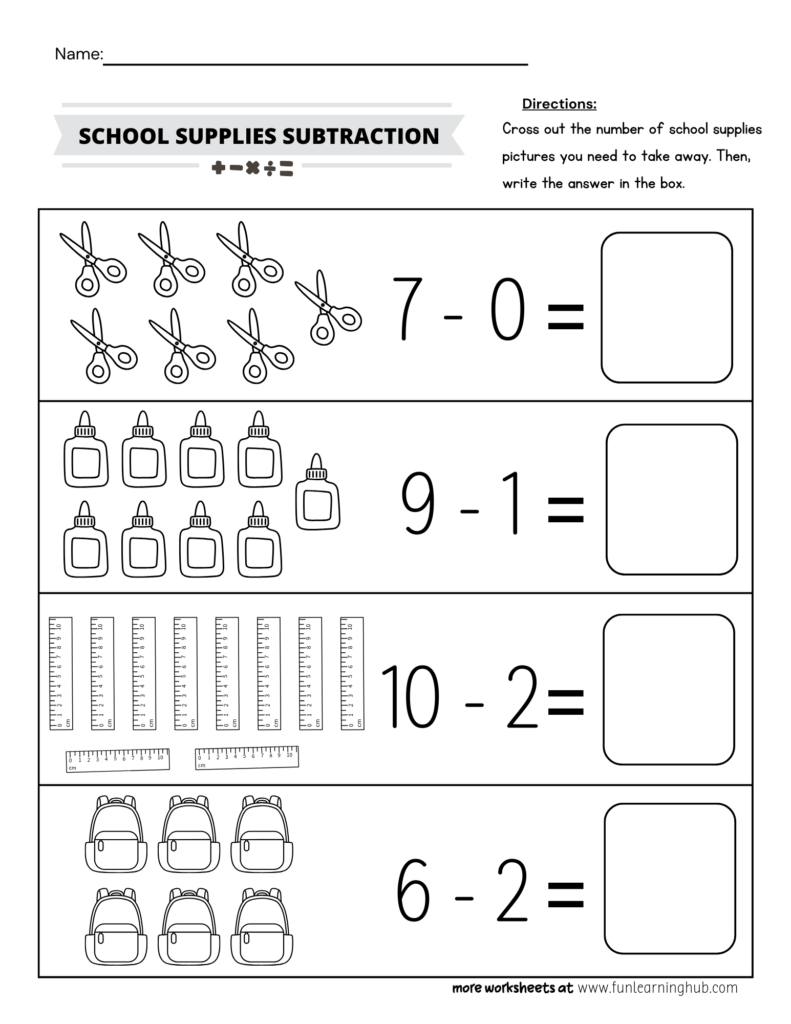 School Supplies Subtraction Worksheet