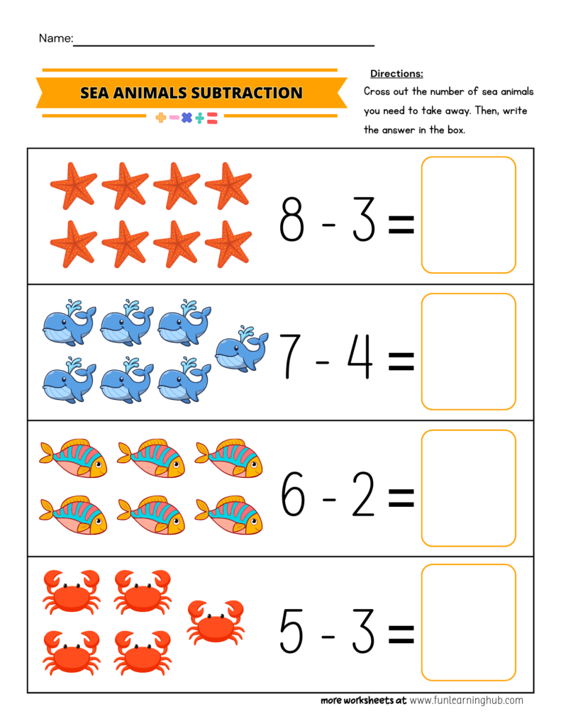 Sea Animals Subtraction Worksheet