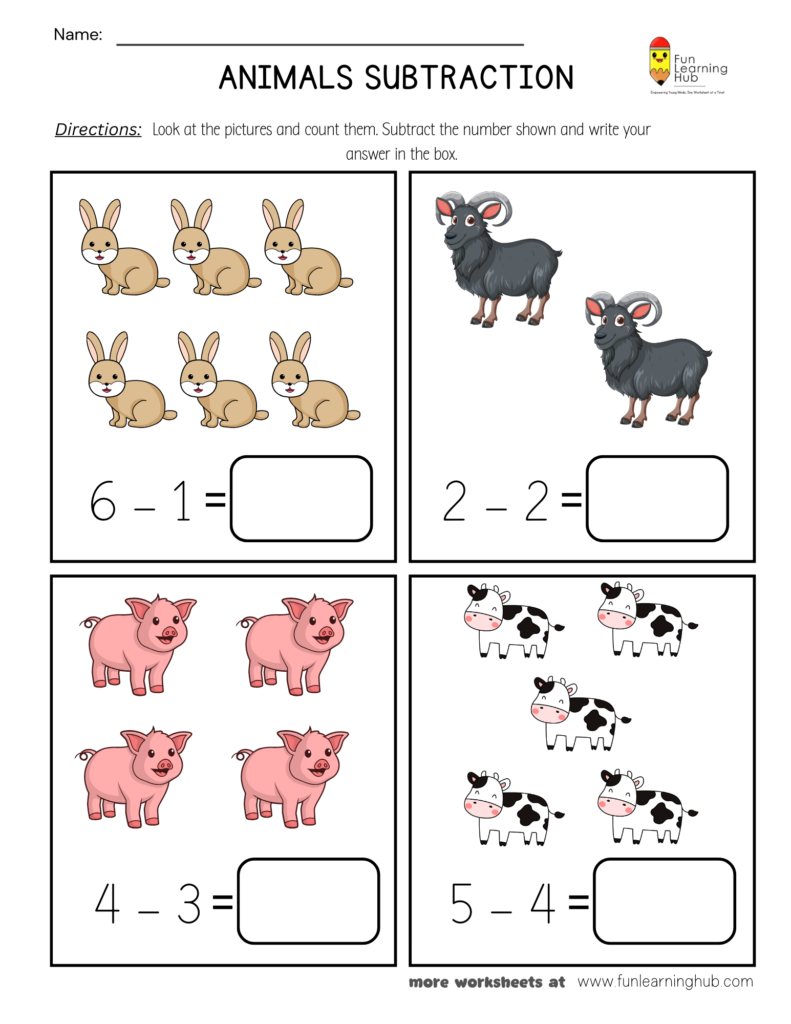 Animals Subtraction Worksheet