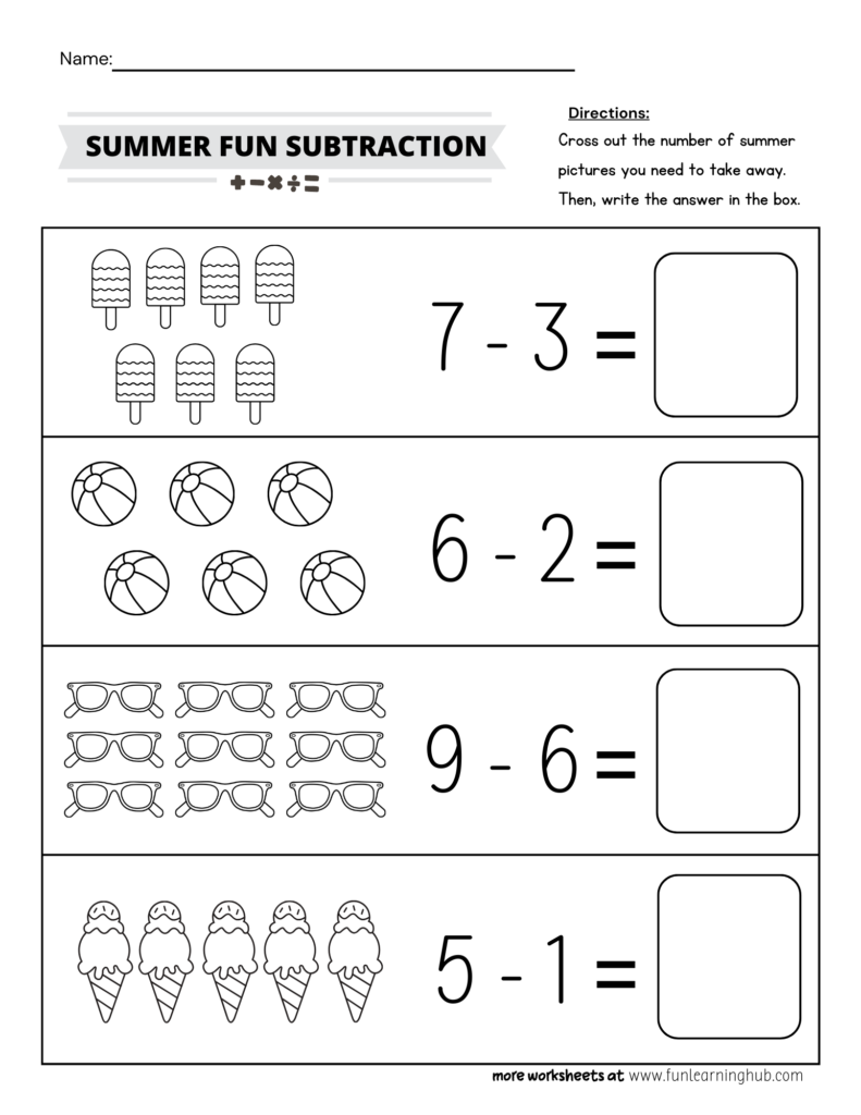 Summer Fun Subtraction Worksheet