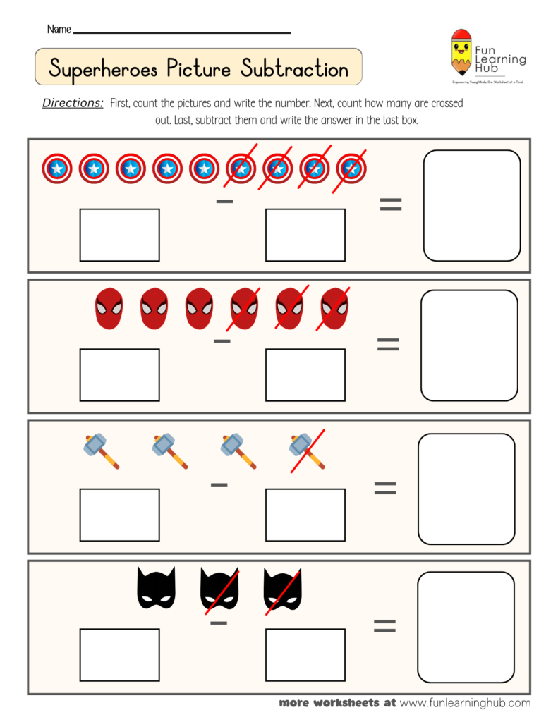 Superheroes Subtraction Worksheet