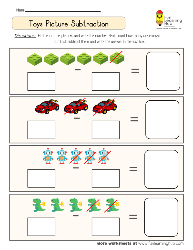 Toys Subtraction Worksheet