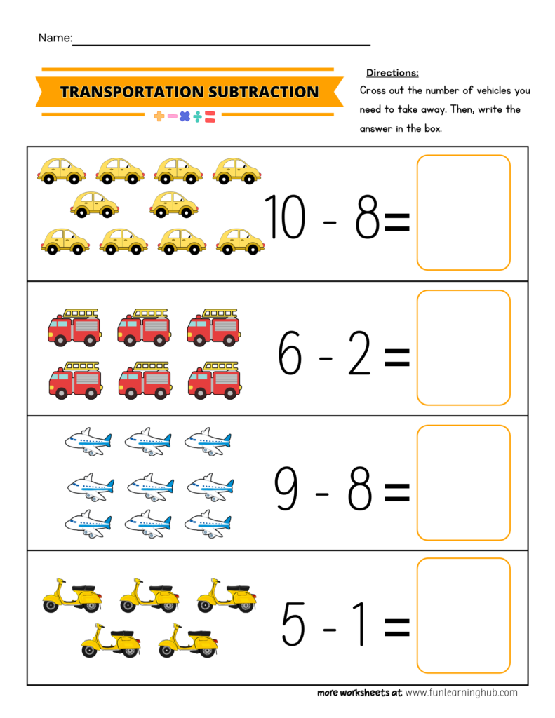 Transportation Subtraction Worksheet