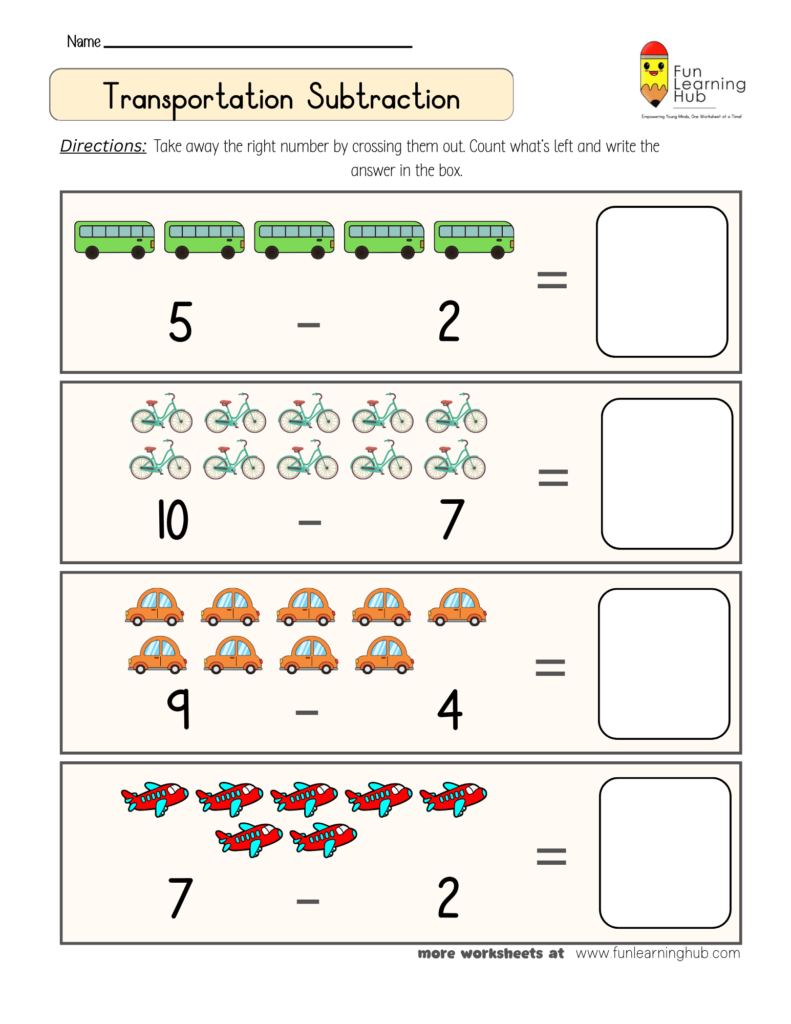 Transportation Subtraction Worksheet