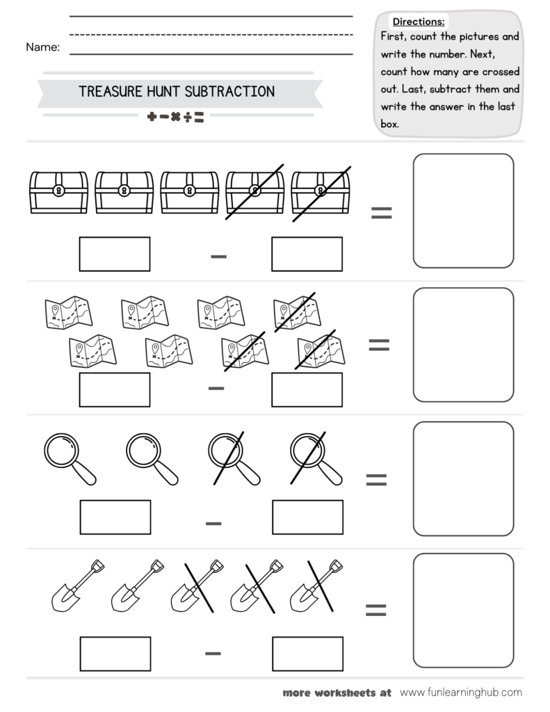 Treasure Hunt Subtraction Worksheet