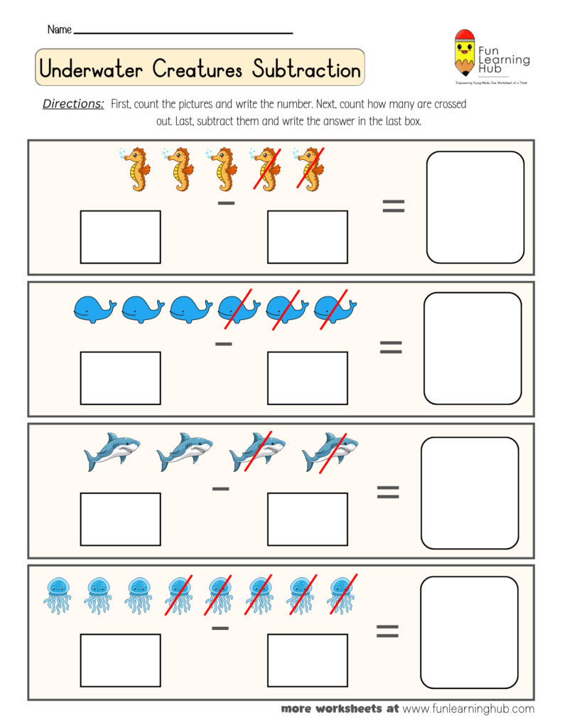 Underwater Creatures Subtraction Worksheet