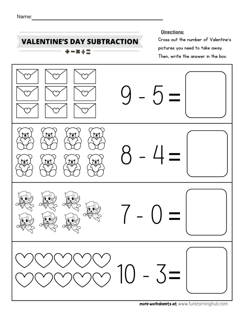 Valentines Day Subtraction Worksheet