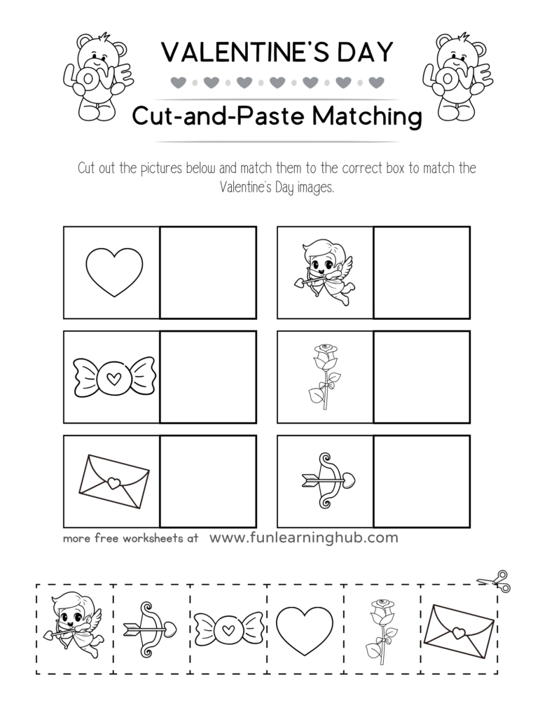 Valentine’s Day Cut and Paste Worksheet B&W
