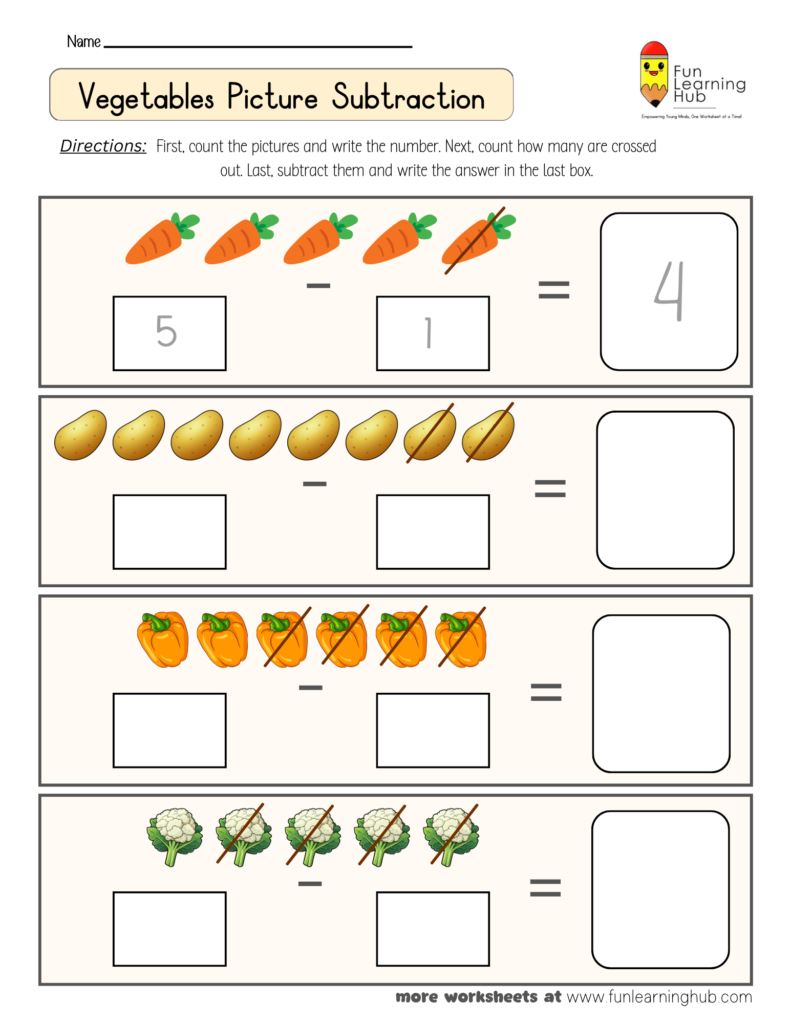 Vegetables Subtraction Worksheet