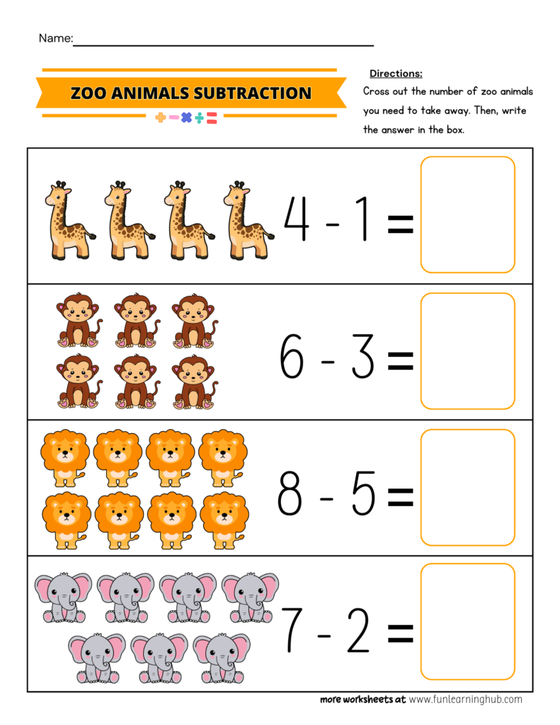 Zoo Animals Subtraction Worksheet