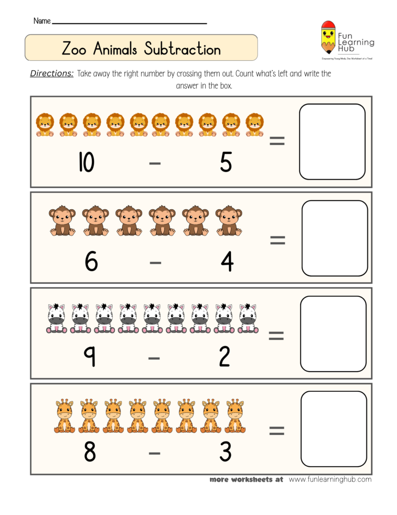 Zoo Animals Subtraction Worksheet