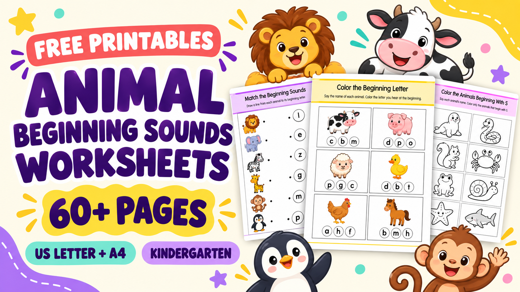 64 Free Beginning Sounds Worksheets for Kindergarten 1 64 Free Beginning Sounds (animals)