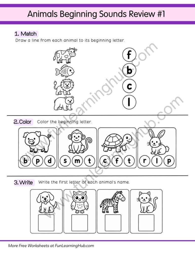 64 Free Beginning Sounds Worksheets for Kindergarten 63 Animal Beginning Sound Review #1