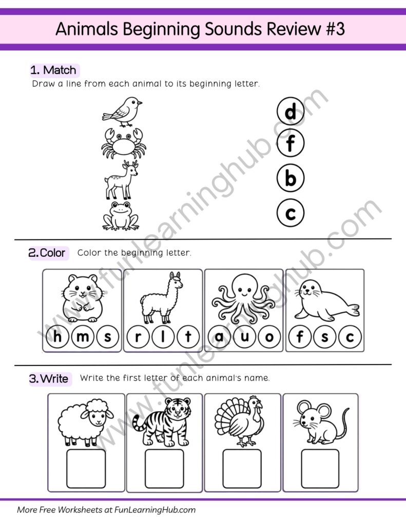 64 Free Beginning Sounds Worksheets for Kindergarten 65 Animal Beginning Sound Review #3