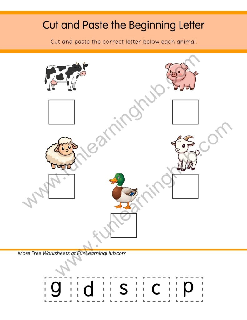 64 Free Beginning Sounds Worksheets for Kindergarten 39 Beginning Letter Farm Animals Cut and Paste