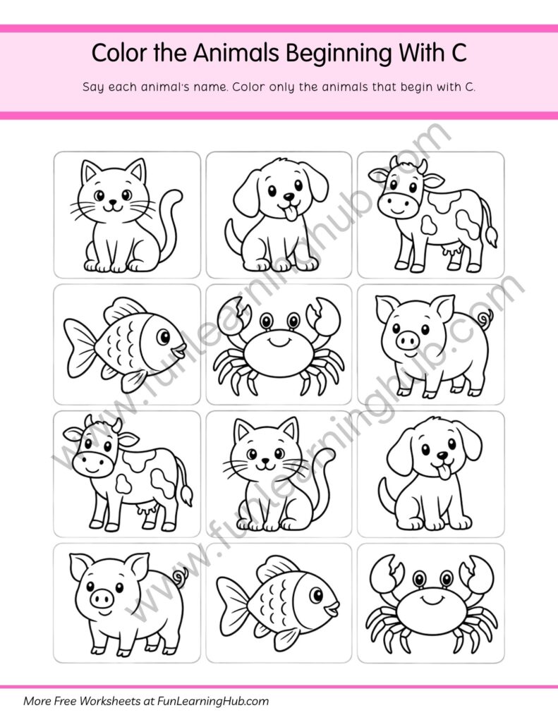 64 Free Beginning Sounds Worksheets for Kindergarten 43 Color the Animals Beginning with C