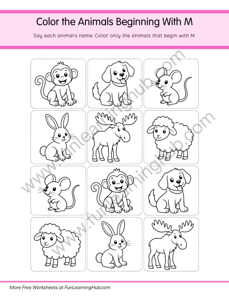 64 Free Beginning Sounds Worksheets for Kindergarten 46 Color the Animals Beginning with M