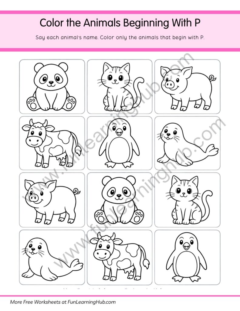 64 Free Beginning Sounds Worksheets for Kindergarten 47 Color the Animals Beginning with P