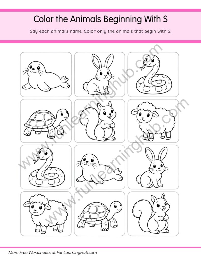 64 Free Beginning Sounds Worksheets for Kindergarten 48 Color the Animals Beginning with S